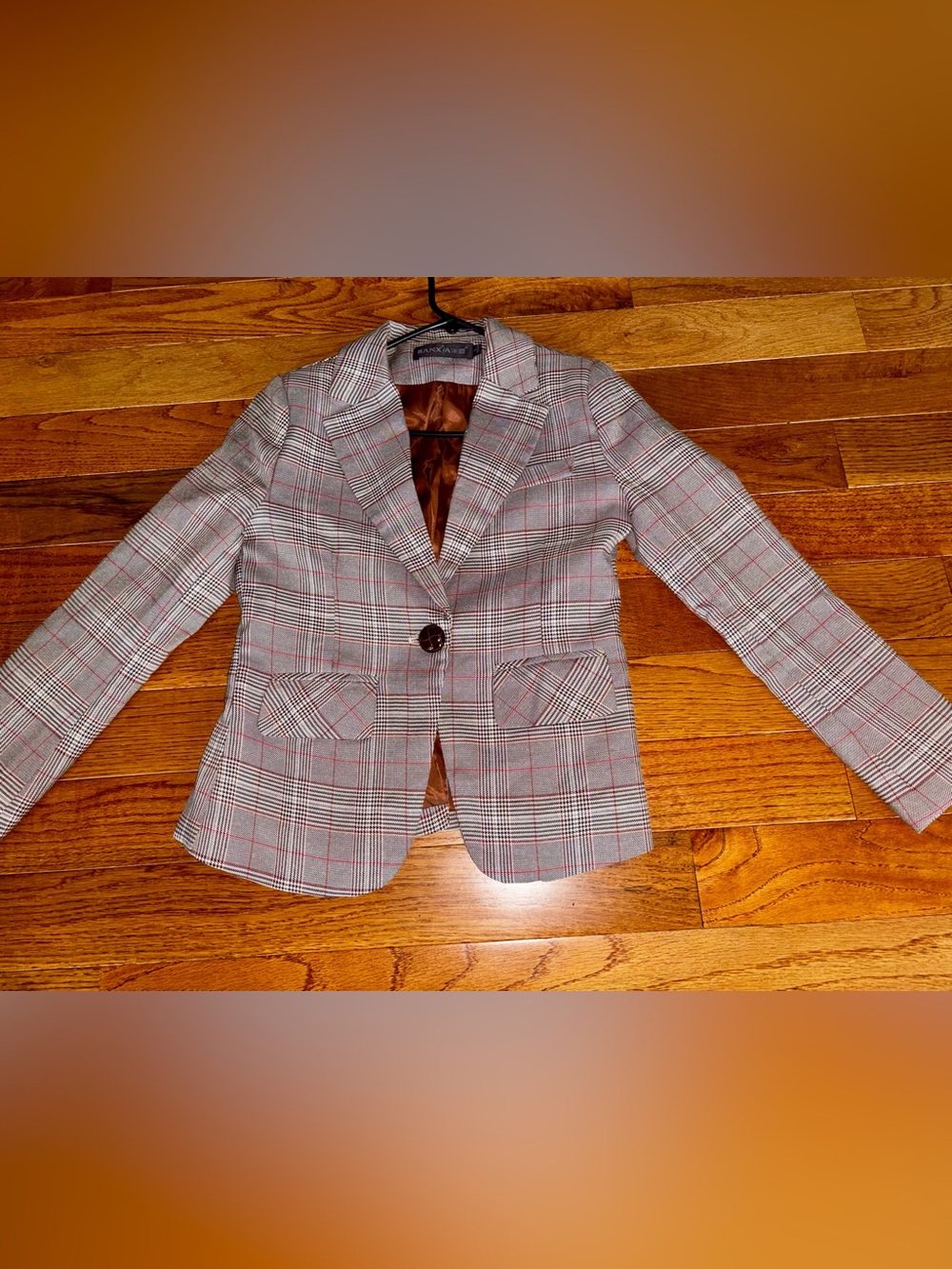 Women's Plaid Single-Button Blazer - Gray with Red Windowpane